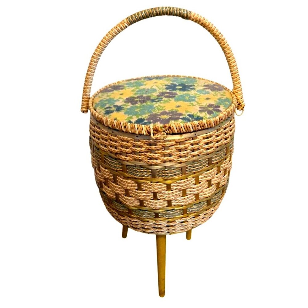 Vintage Sewing Basket Floral Lid & Lining Includes Plastic Organizer Legs Round